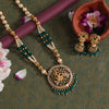 Green Color Long Matte Gold Temple Necklace Set (TPLN541GRN)