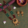 Maroon & Green Color Long Matte Gold Temple Necklace Set (TPLN549MG)