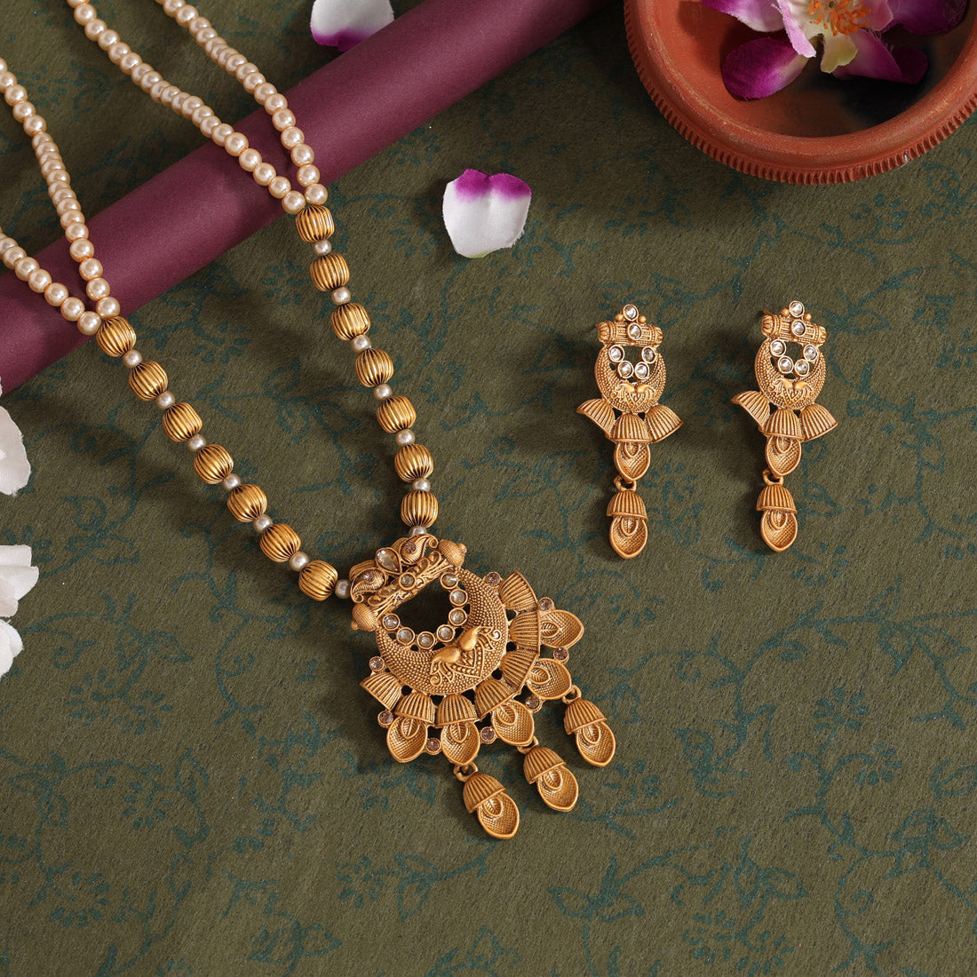 Gold Color Long Matte Gold Rajwadi Temple Necklace Set (TPLN550GLD)
