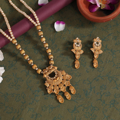 Gold Color Long Matte Gold Rajwadi Temple Necklace Set (TPLN550GLD)