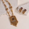 Maroon & Green Color Long Matte Gold Temple Necklace Set (TPLN564MG)