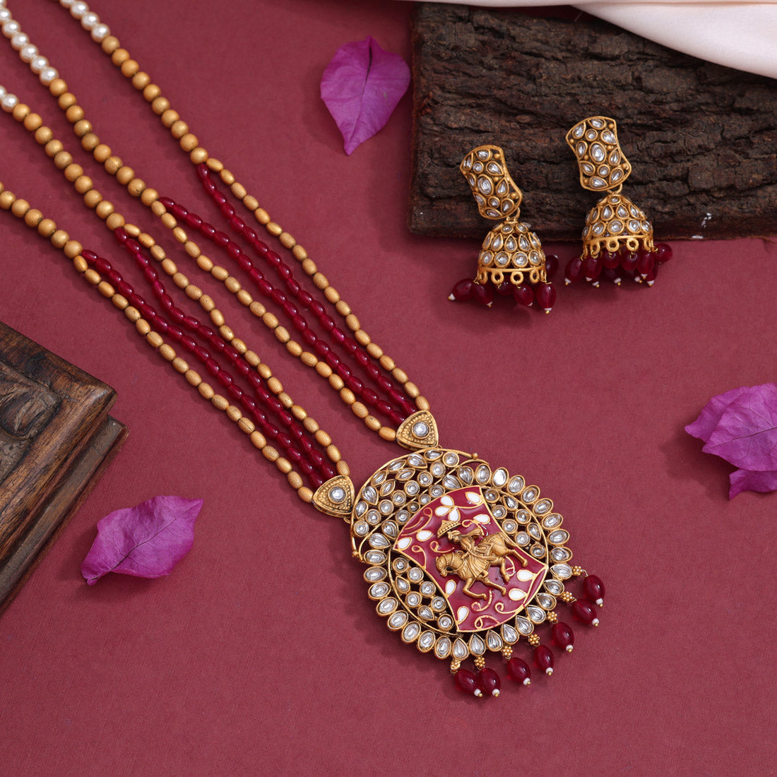 Rani Color Meena Work Vilandi Kundan Matte Gold Rajwadi Temple Necklace Set (TPLN589RNI)