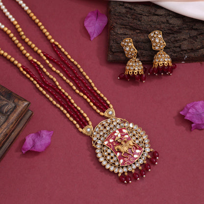 Rani Color Meena Work Vilandi Kundan Matte Gold Rajwadi Temple Necklace Set (TPLN589RNI)