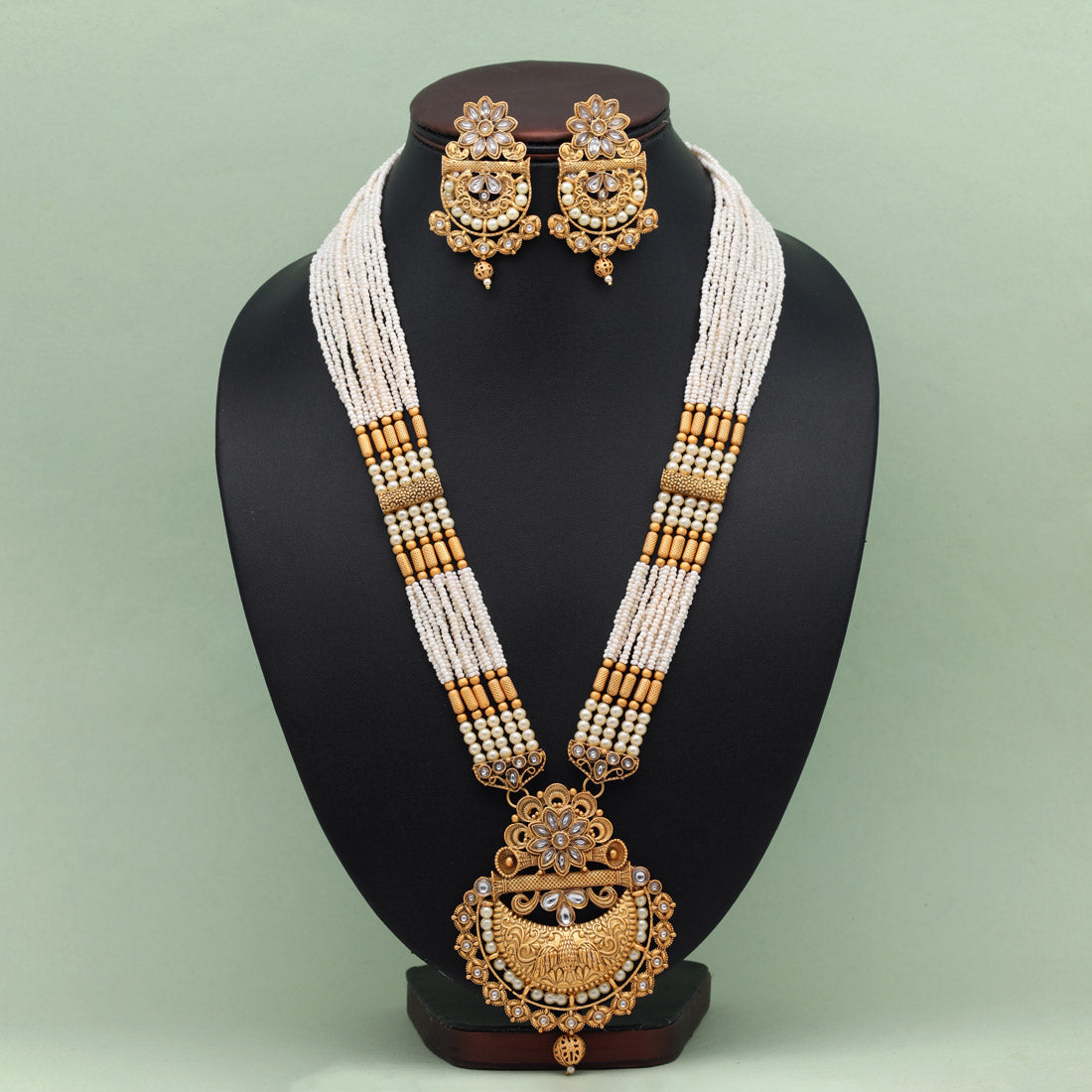 Gold Color Vilandi Kundan Matte Gold Rajwadi Temple Necklace Set (TPLN591GLD)