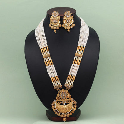 Gold Color Vilandi Kundan Matte Gold Rajwadi Temple Necklace Set (TPLN591GLD)
