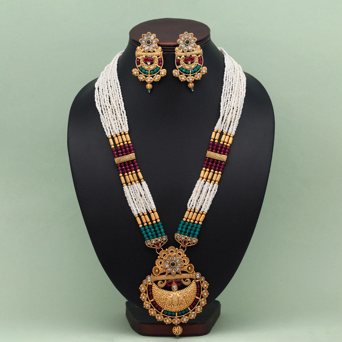 Rani & Green Color Vilandi Kundan Matte Gold Rajwadi Temple Necklace Set (TPLN591RNIGRN)