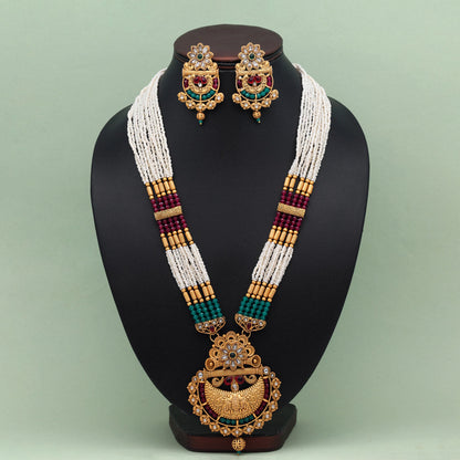Rani & Green Color Vilandi Kundan Matte Gold Rajwadi Temple Necklace Set (TPLN591RNIGRN)
