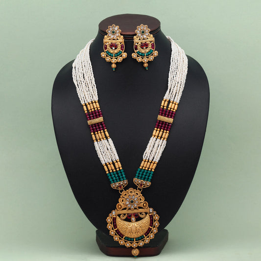Rani & Green Color Vilandi Kundan Matte Gold Rajwadi Temple Necklace Set (TPLN591RNIGRN)