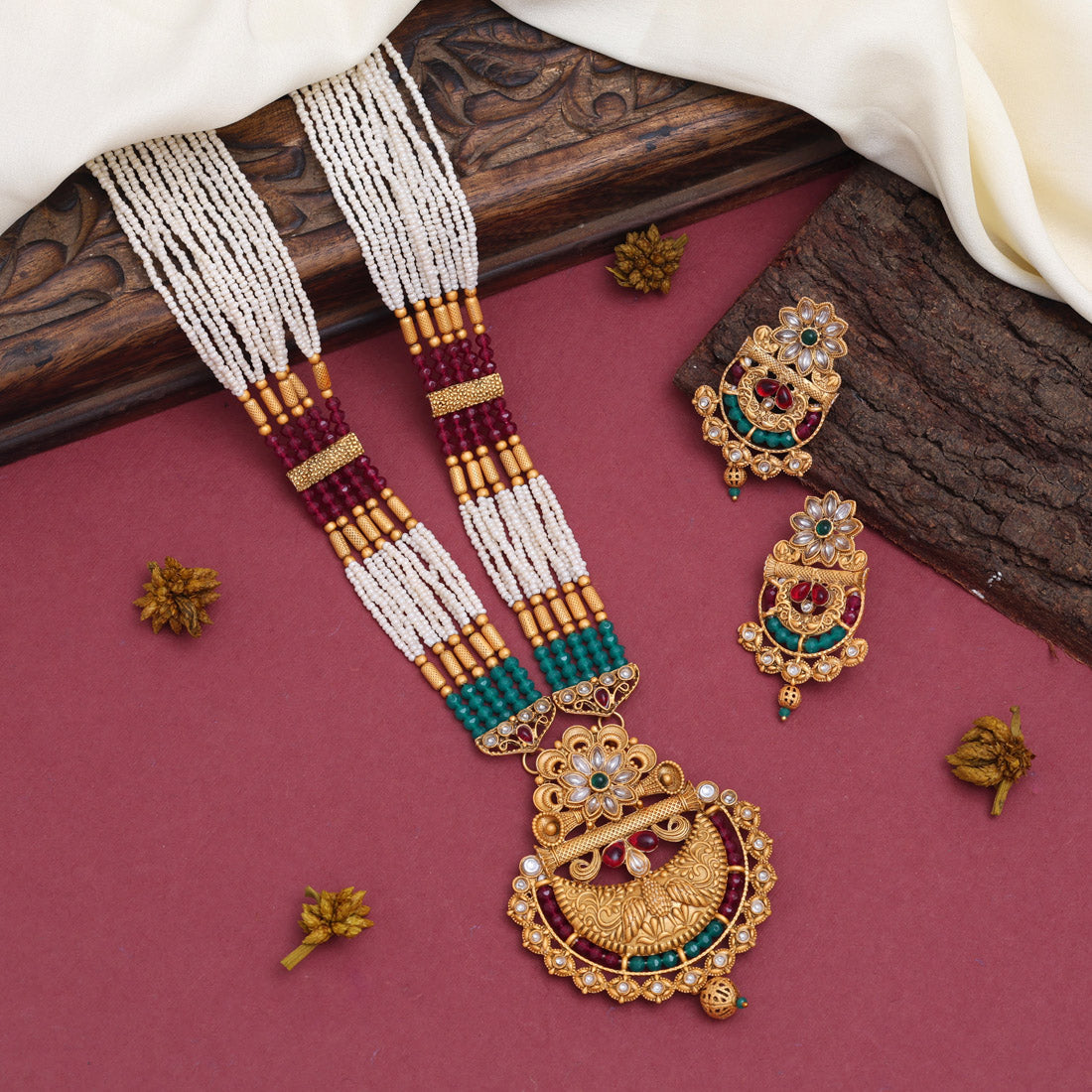Rani & Green Color Vilandi Kundan Matte Gold Rajwadi Temple Necklace Set (TPLN591RNIGRN)