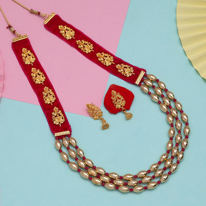 Rani Color Goddess Lakshmi Rajwadi Temple Necklace Set (TPLN600RNI)