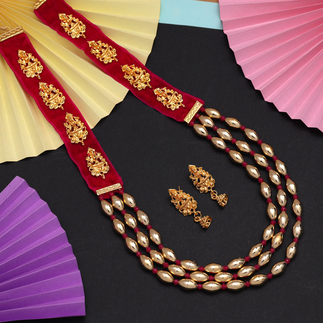 Rani Color Goddess Lakshmi Rajwadi Temple Necklace Set (TPLN600RNI)