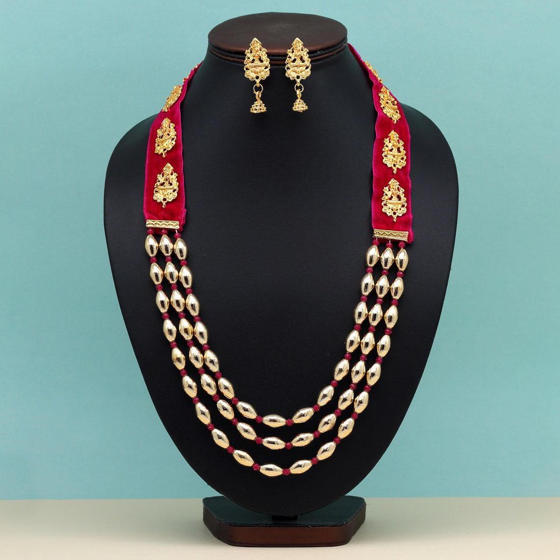 Rani Color Goddess Lakshmi Rajwadi Temple Necklace Set (TPLN600RNI)